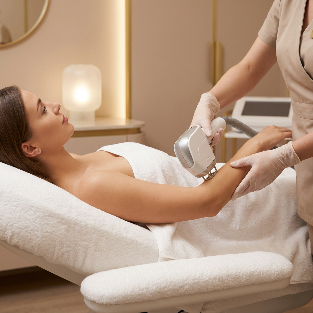 Firefly_Gemini Flash_Side view of a young woman receiving a professional hair removal treatment at a luxur 912411