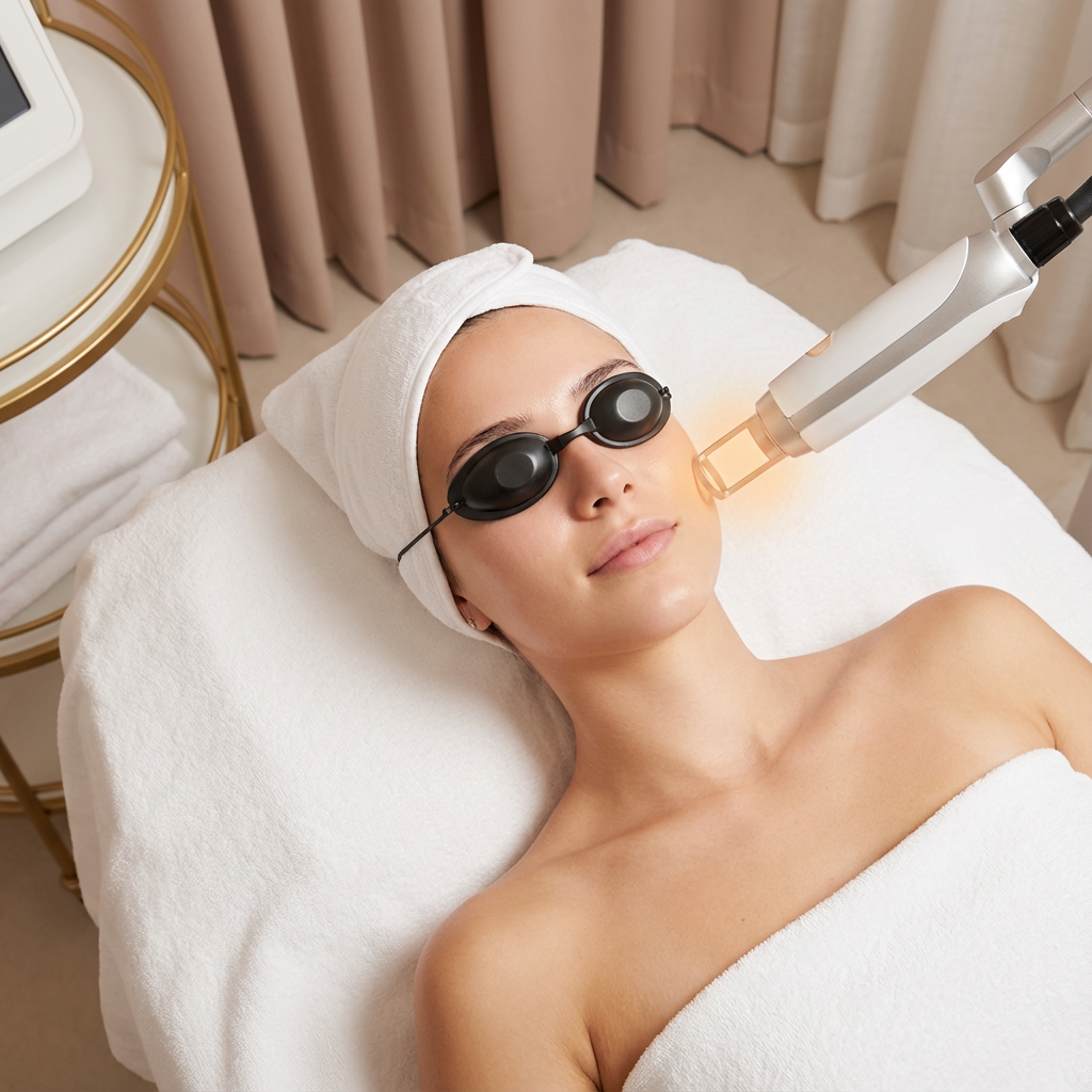 Firefly_Gemini Flash_Top-down view of a young woman receiving a pico pulse laser facial treatment at a lux 912411